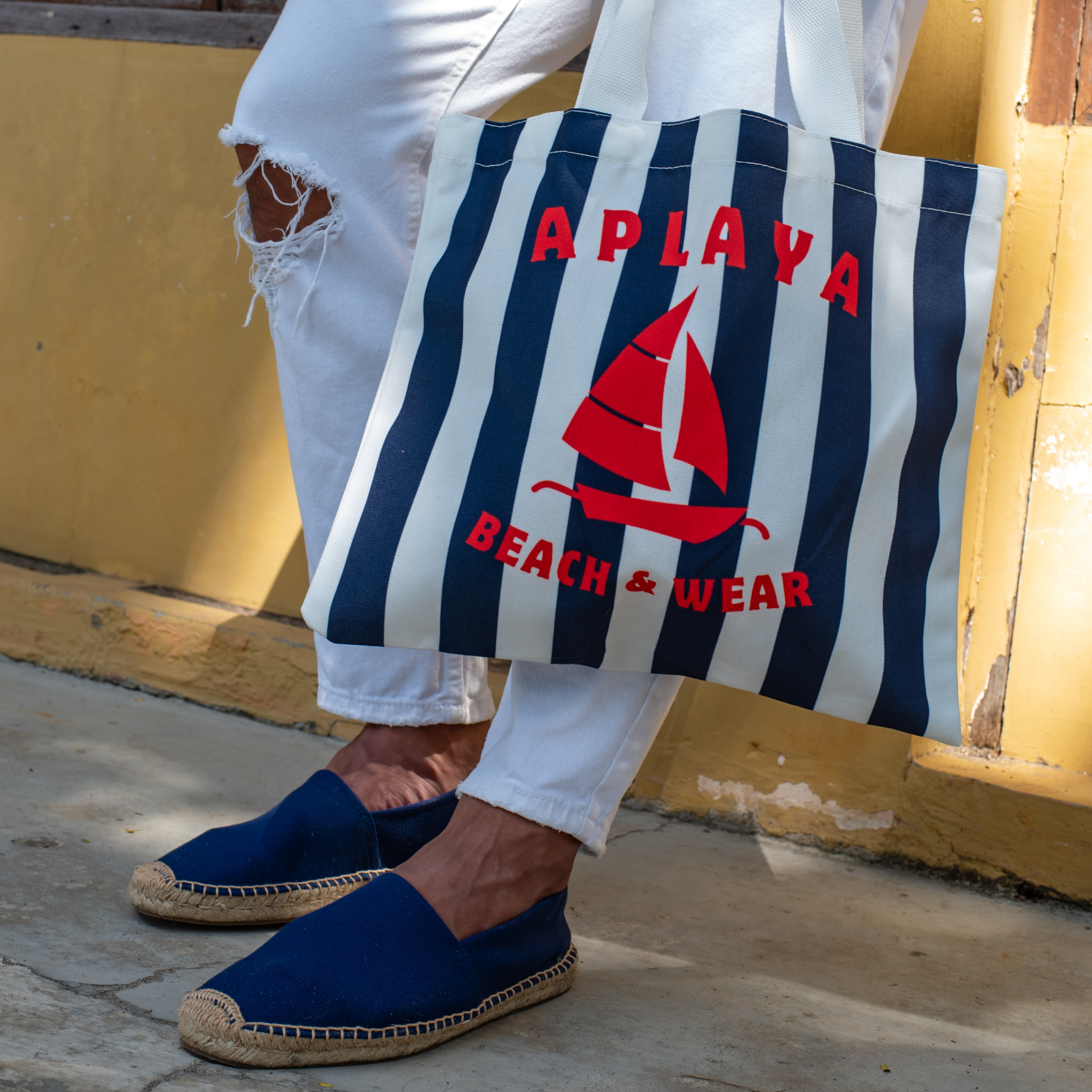 APLAYA Striped Paraw Tote Bag - Navy & White Canvas