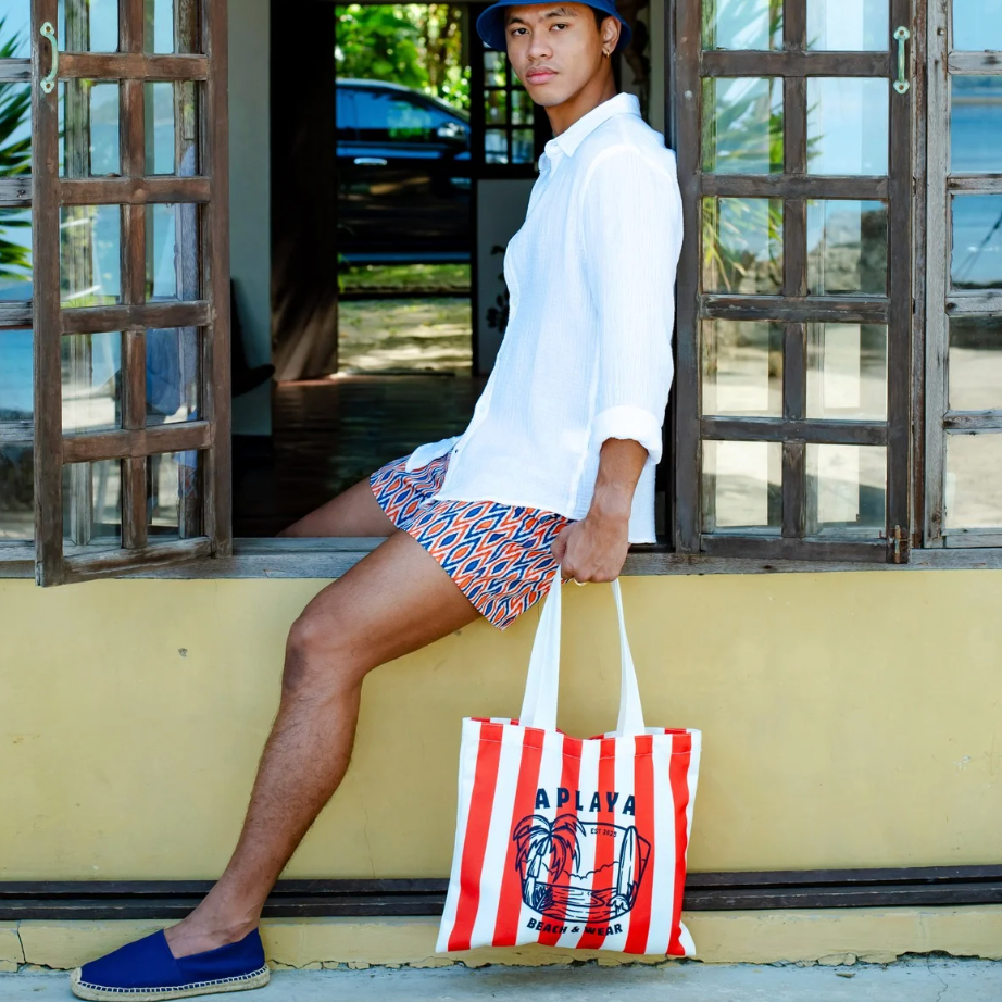 APLAYA Striped Island Graphic Tote Bag - Coral & White Canvas
