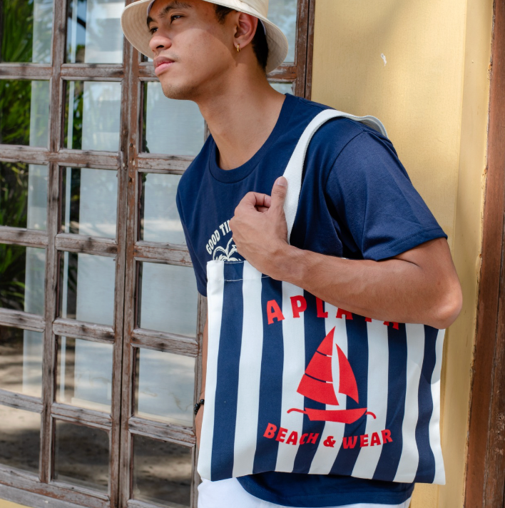 APLAYA Striped Paraw Tote Bag - Navy & White Canvas