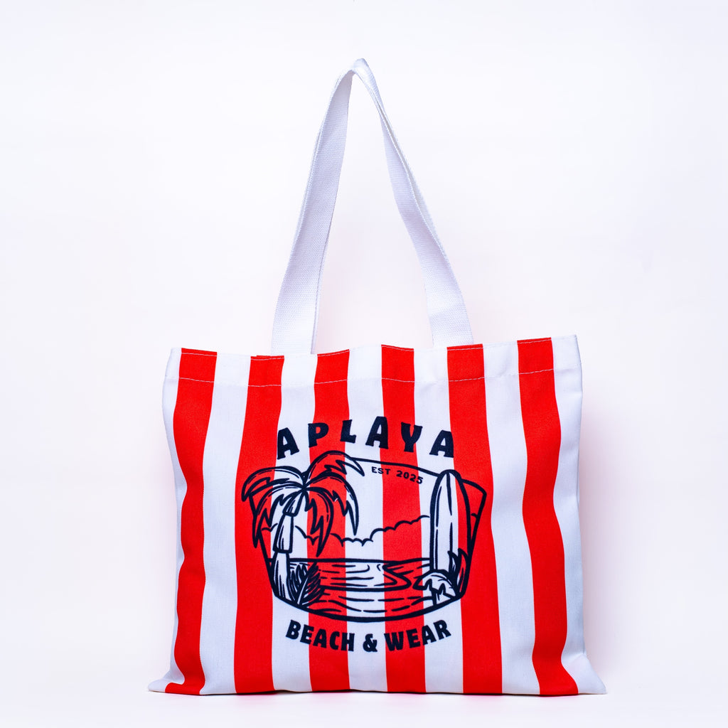 APLAYA Striped Island Graphic Tote Bag - Coral & White Canvas