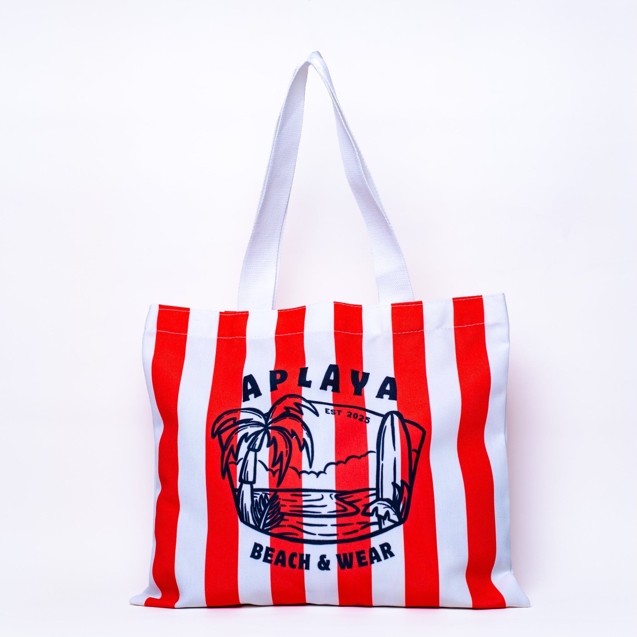 APLAYA Striped Island Graphic Tote Bag - Coral & White Canvas